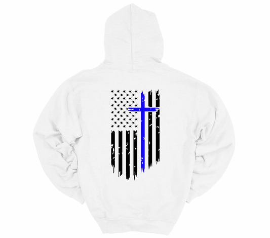 Faith Over Flag Hoodie – White | Black Flag & Blue Cross