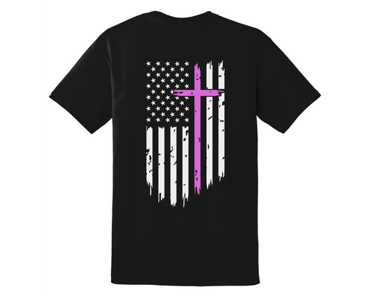Black t-shirt with American flag and pink cross design on a white background