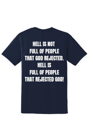 Navy blue t-shirt with white text on a white background